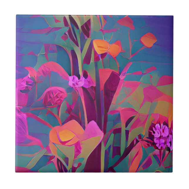 Flowers in a field colourful abstract digital art  ceramic tile (Front)