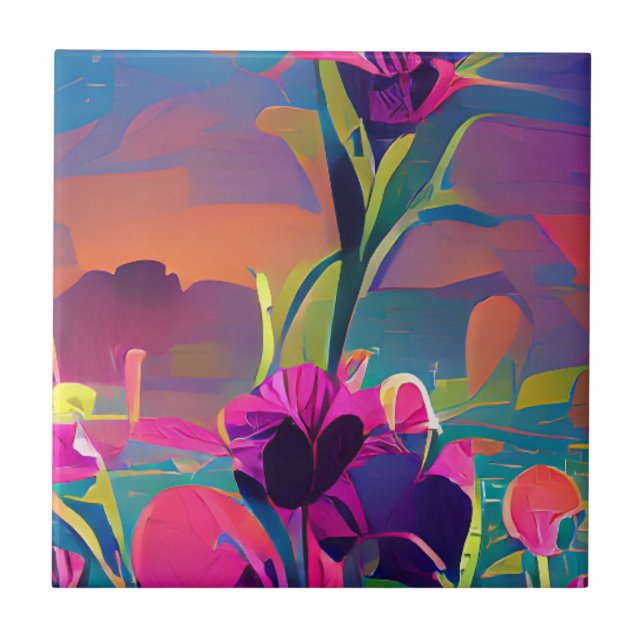 Flowers in a field colourful abstract digital art  ceramic tile (Front)