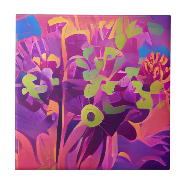 Flowers in a field colourful abstract digital art ceramic tile (Front)