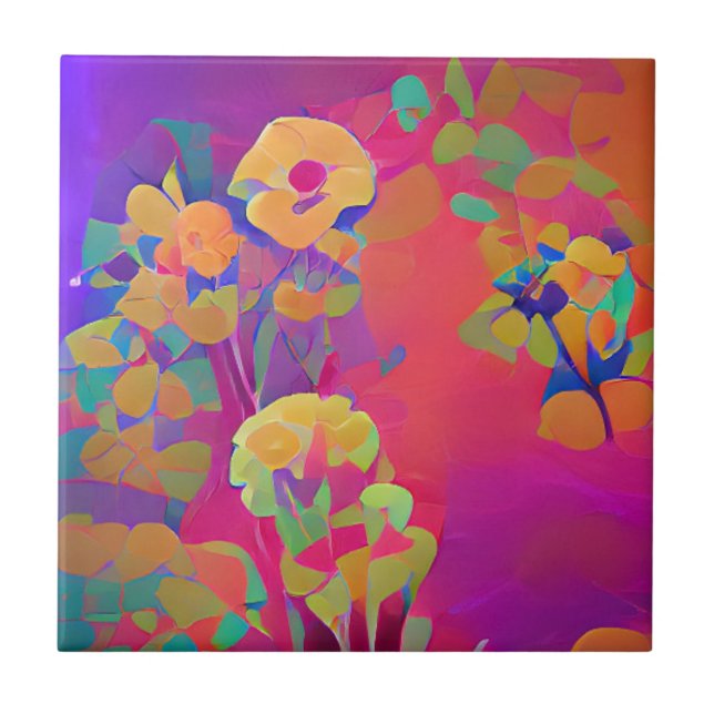 Flowers in a field colourful abstract digital art ceramic tile (Front)