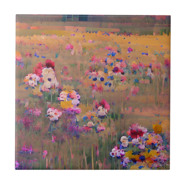 Flowers in a field lavender white digital art  ceramic tile (Front)