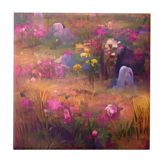 Flowers in a field pink fuchsia digital art  ceramic tile (Front)