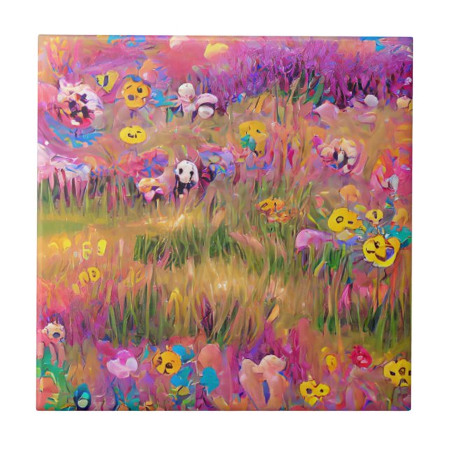 Flowers in a field psychedelic digital art ceramic tile (Front)