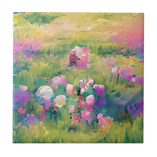 Flowers in a field purple pink white digital art  ceramic tile (Front)