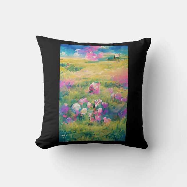 Flowers in a field purple pink white digital art  cushion (Front)