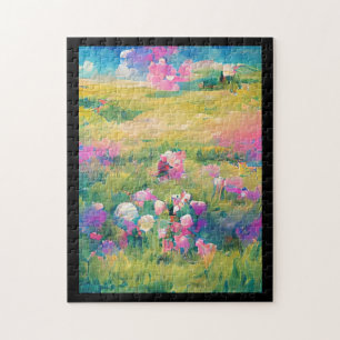 Flowers in a field purple pink white digital art  jigsaw puzzle