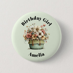 Flowers in a Pot Cosy Shabby Cute Birthday Girl 6 Cm Round Badge