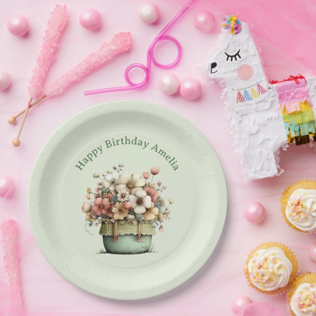  Flowers in a Pot Cosy Shabby Cute Birthday Paper Plate (Party)