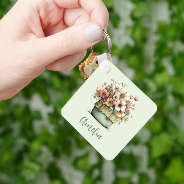 Flowers in a Pot Cosy Shabby Cute Key Ring (Hand)