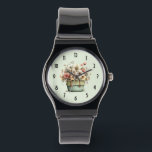 Flowers in a Pot Cozy Shabby Cute Watch<br><div class="desc">Watch with a whimsical stylish pot of flowers. Green,  pink and cream colors. Set in a green pot with a plaid cloth. Shabby vintage vibe.</div>