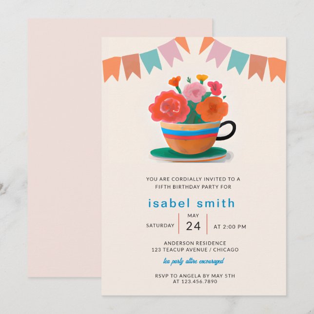 Flowers in a teacup Kids Birthday Party Invitation (Front/Back)