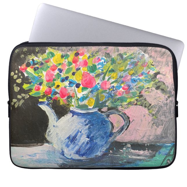 Flowers in a teapot, boho style laptop sleeve (Front)