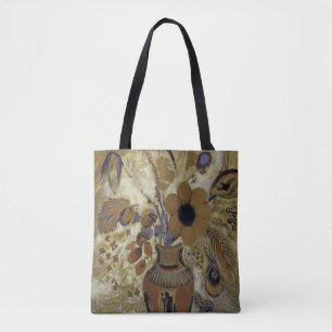 flowers in a vase, brown and blue tote bag