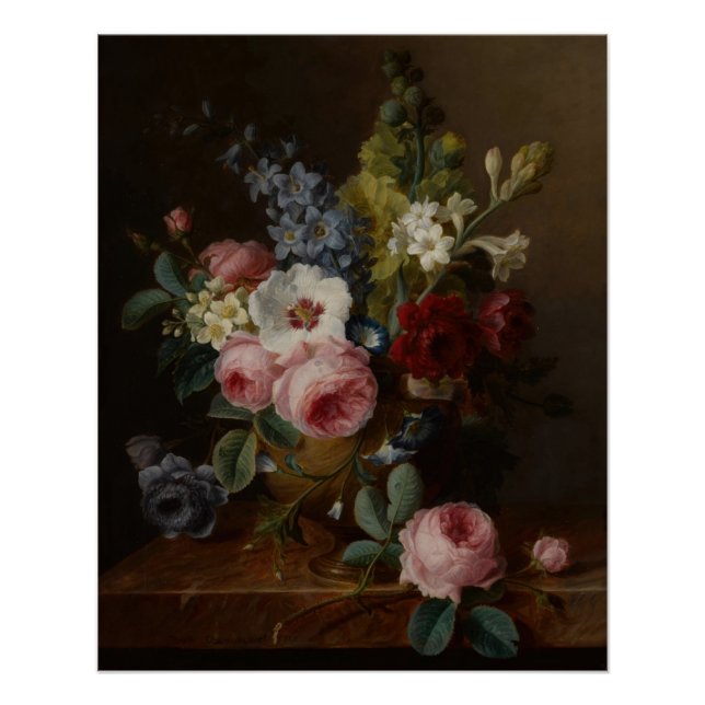 Flowers in a Vase on a Marble Ledge Poster (Front)