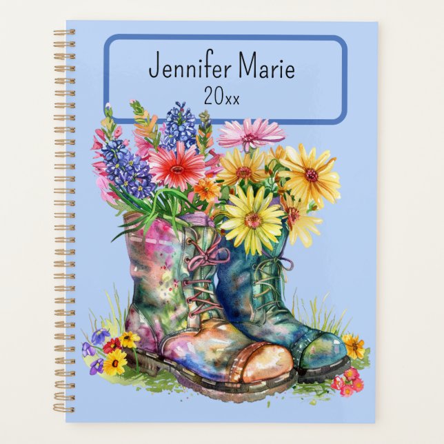 Flowers in Boots Personalise with Name, Year Planner (Front)