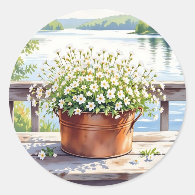 Flowers in Copper pot on Lakehouse Deck Classic Round Sticker (Front)