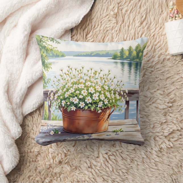 Flowers in Copper pot on Lakehouse Deck Cushion (Blanket)