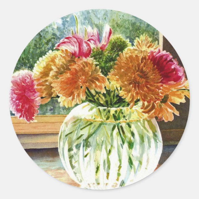 Flowers in Glass Vase Classic Round Sticker (Front)