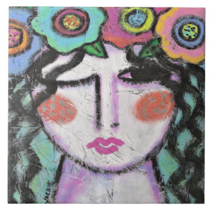 Flowers in Her Hair Abstract Portrait of a Woman Ceramic Tile