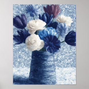 Flowers in Morning Blue   Textured Floral Art Poster