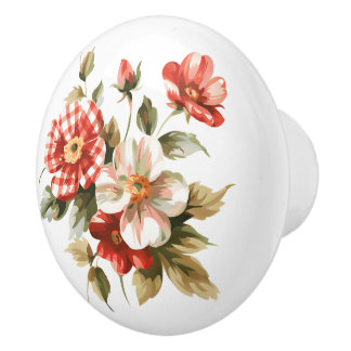Flowers In Red White Gingham Ceramic Knob