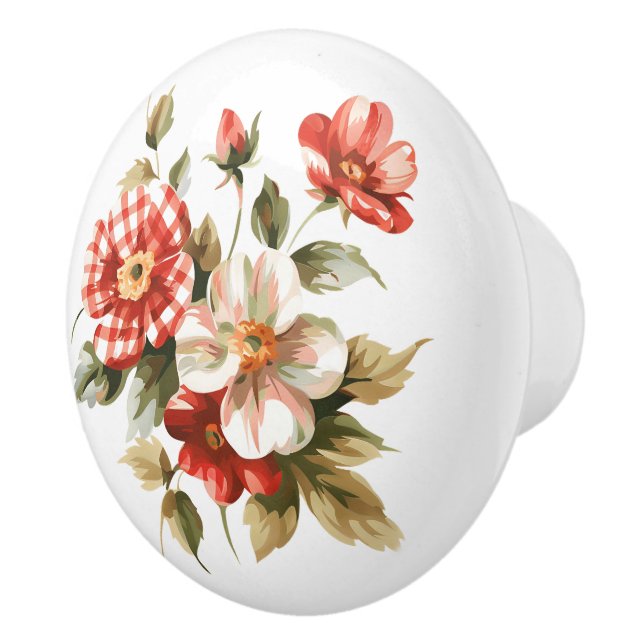 Flowers In Red White Gingham Ceramic Knob (Right)
