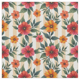 Flowers in Sunset Colours and Tan Stripes Fabric