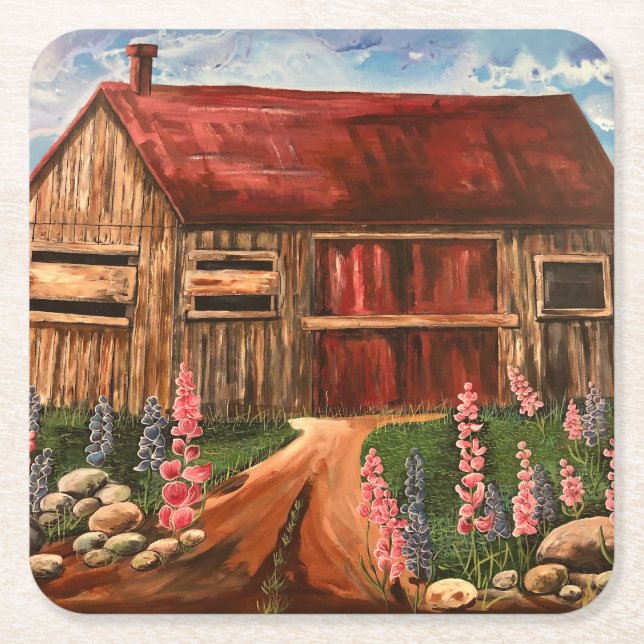 Flowers In the Field Red Barn Square Paper Coaster (Front)