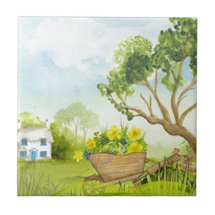 Flowers in the Wheelbarrow Landscape Ceramic Tile