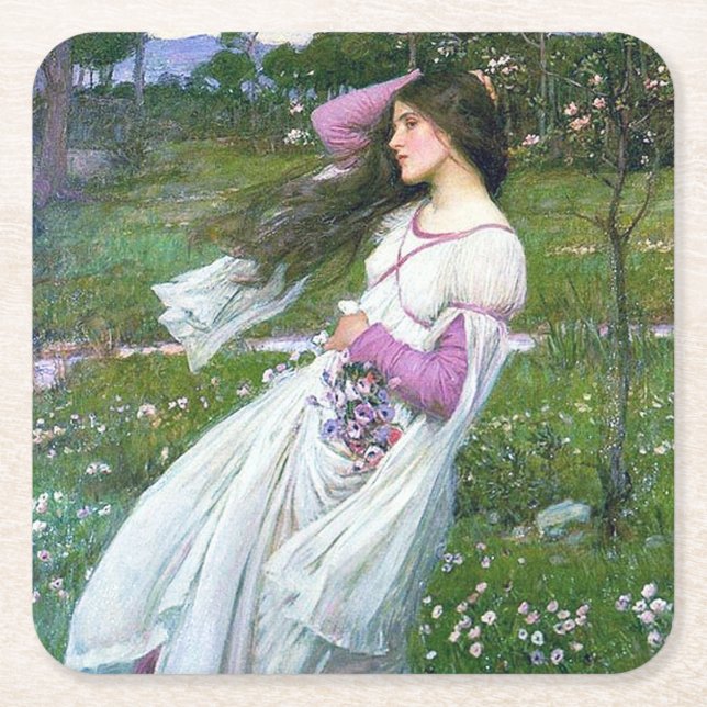 Flowers in the Wind, John William Waterhouse Square Paper Coaster (Front)
