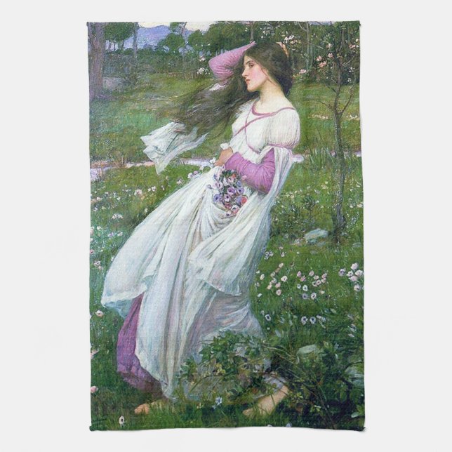 Flowers in the Wind, John William Waterhouse Tea Towel (Vertical)