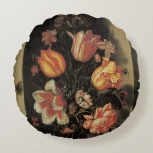 Flowers in Vase, Vintage Baroque Floral Still Life Round Cushion