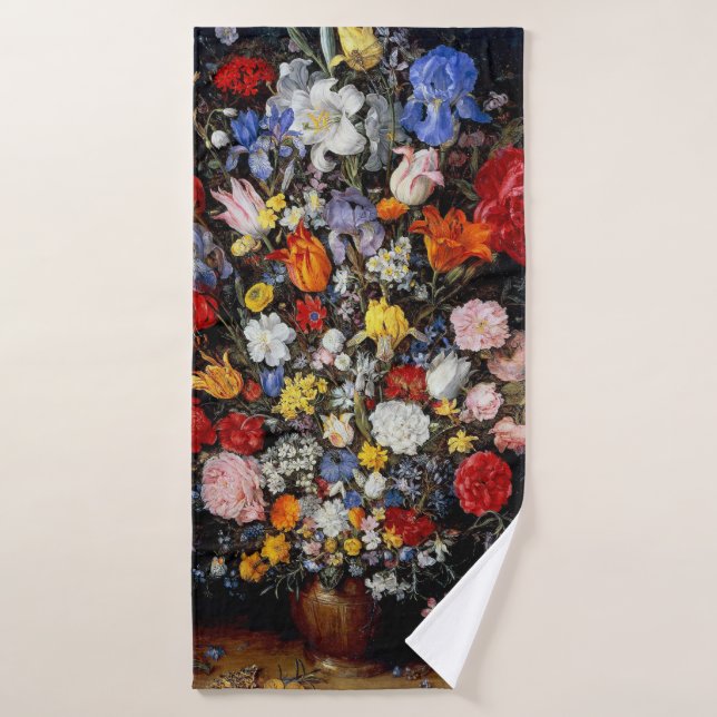 Flowers in Wooden Vessel, Jan Brueghel the Elder Bath Towel (Bath Towel)