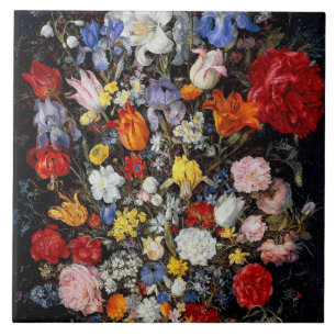 Flowers in Wooden Vessel, Jan Brueghel the Elder Ceramic Tile