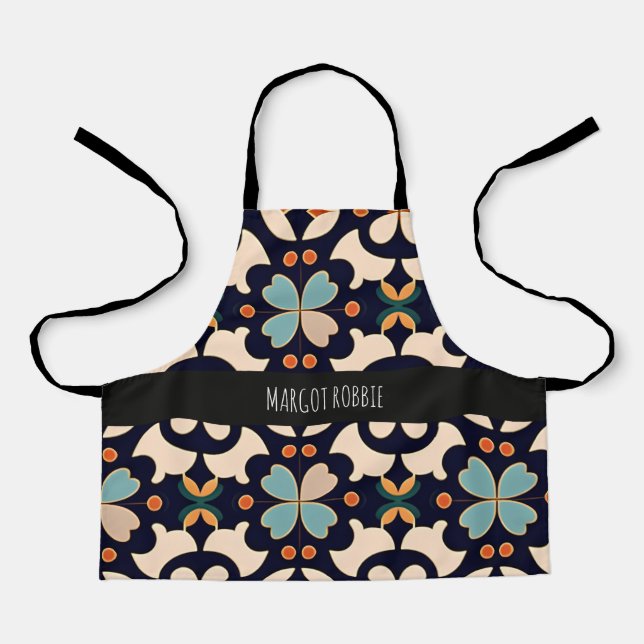 Flowers Isometric Blue Orange Floral Retro Pattern Apron (Front)