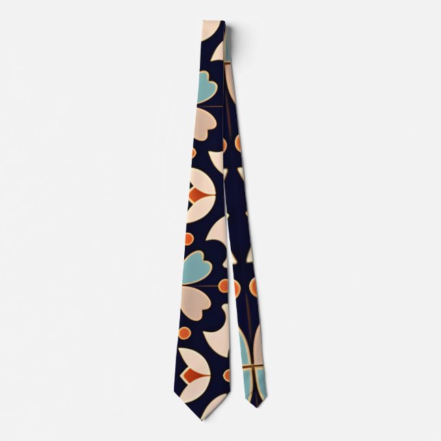 Flowers Isometric Blue Orange Floral Retro Pattern Tie (Front)