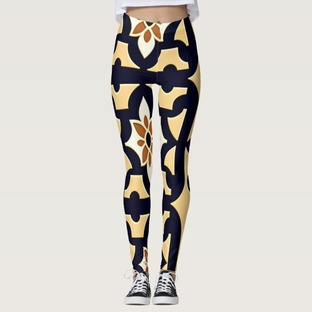 Flowers Isometric Orange Beige Botanical Pattern Leggings (Front)