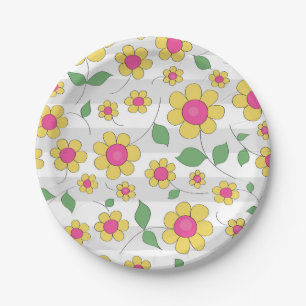 Flowers kids pink yellow happy spring doodles  paper plate