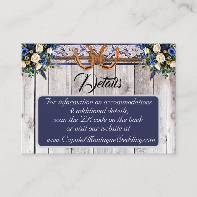 Flowers, Lace & Horseshoes, Blue Ribbon, QR Code Enclosure Card (Front)