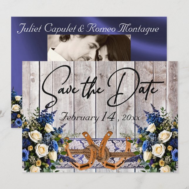Flowers, Lace & Horseshoes Blue Ribbon Wedding Save The Date (Front/Back)