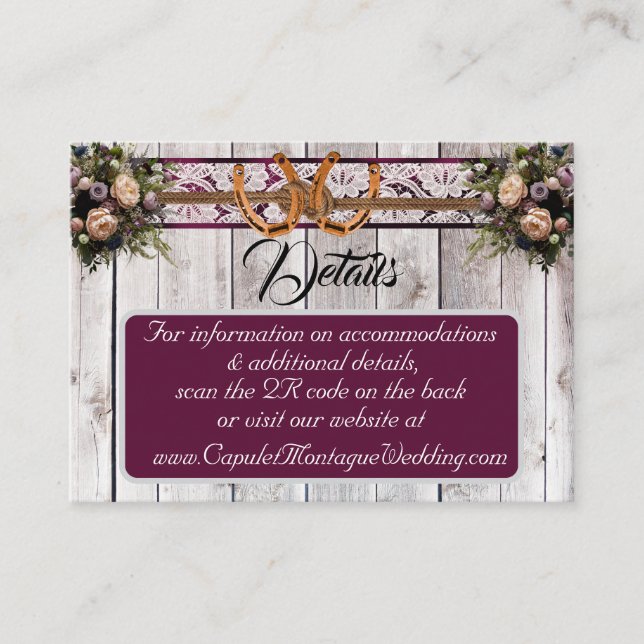 Flowers, Lace & Horseshoes, Purple Ribbon, QR Code Enclosure Card (Front)