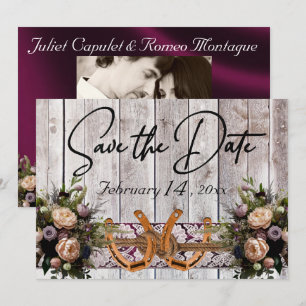 Flowers, Lace & Horseshoes Purple Ribbon Wedding Save The Date