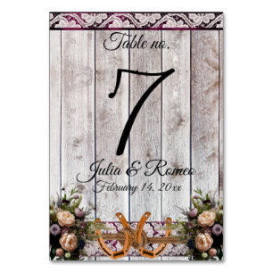 Flowers, Lace & Horseshoes, Purple Ribbon Wedding Table Number