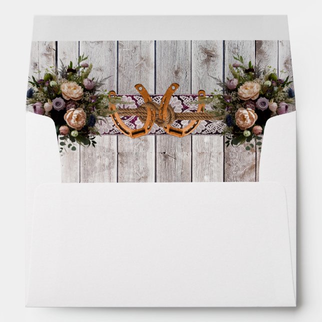 Flowers Lace & Horseshoes, Purple Wedding Envelope (Back (Bottom))