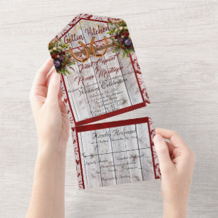 Flowers, Lace & Horseshoes, Red Ribbon All In One Invitation