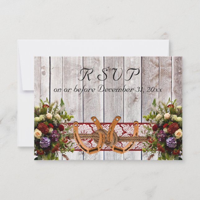 Flowers, Lace & Horseshoes, Red Ribbon RSVP Card (Front)