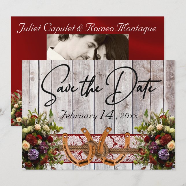 Flowers, Lace & Horseshoes Red Ribbon Wedding Save The Date (Front/Back)