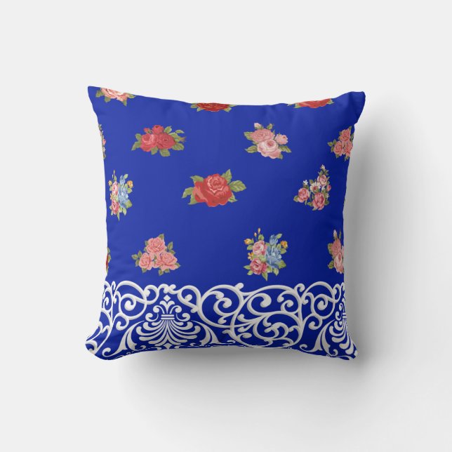 Flowers & Lace on Royal Blue, Tan & White Stripes Cushion (Front)