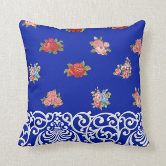 Flowers & Lace on Royal Blue, Tan & White Stripes Cushion