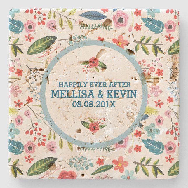 Flowers & Leafs Botanical Pattern Wedding Template Stone Coaster (Front)